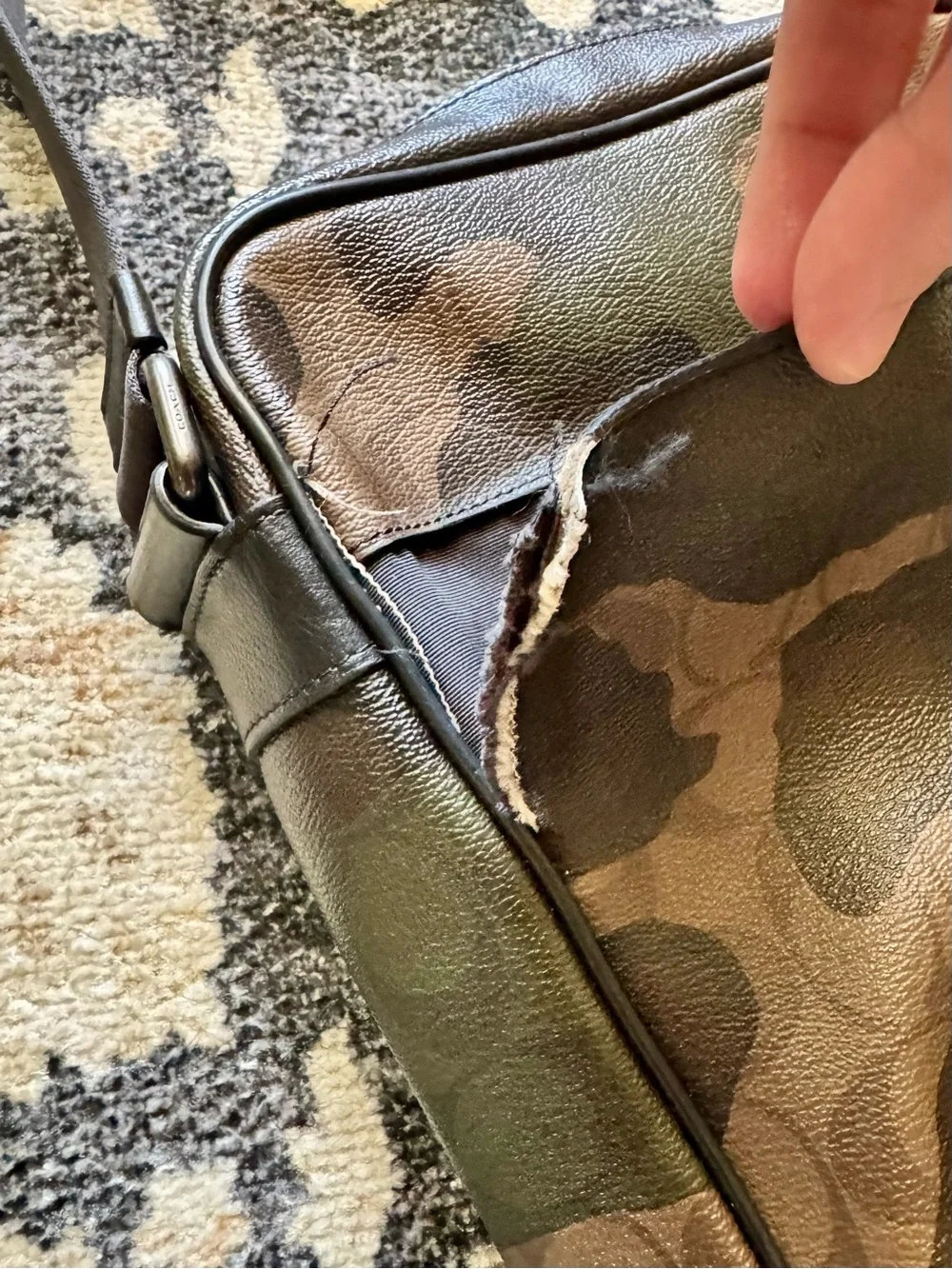 Coach Men's Charles Flight Camo Canvas Crossbody Bag Green/Brown-Needs Repair